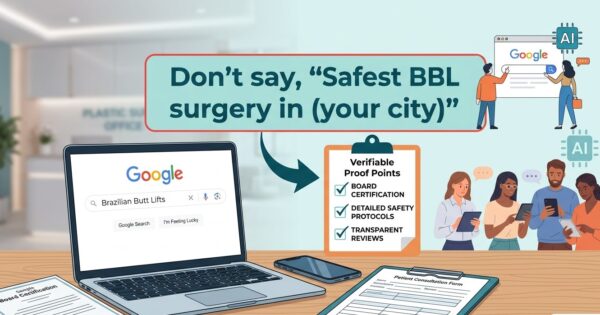 A graphic illustration titled "Don't say, 'Safest BBL surgery in (your city)'" showing a laptop displaying a Google search for Brazilian Butt Lifts next to a clipboard outlining verifiable proof points: board certification, detailed safety protocols, and transparent reviews.