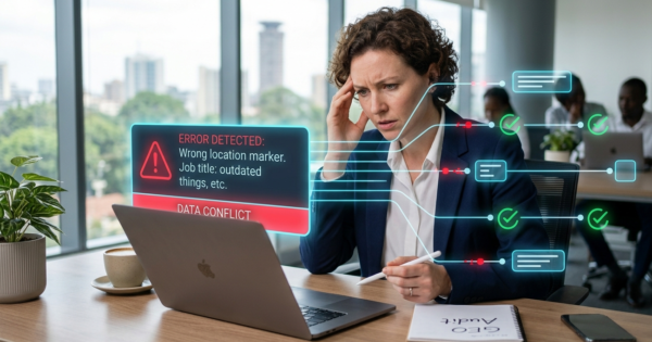 A concerned businesswoman sitting at a desk looking at a laptop displaying a glowing digital HUD with error warnings and node connections, representing AI hallucination and data accuracy audits